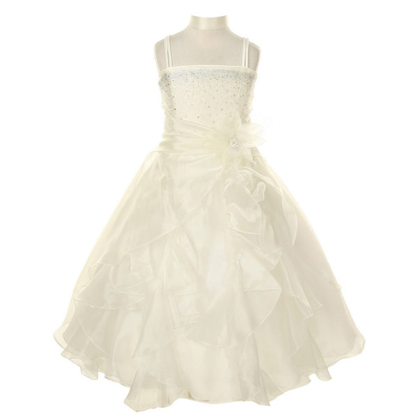 Cinderella Couture Big Girls Ivory Crystal Organza Cascade Ruffle Dress 8-14 - SophiasStyle.com